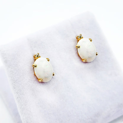 Gold Opal Stud Earrings, Yellow Gold Genuine Fire Opal 8x6mm with Diamonds Earrings, Gemstone Jewelry Earrings For Women, October Birthstone