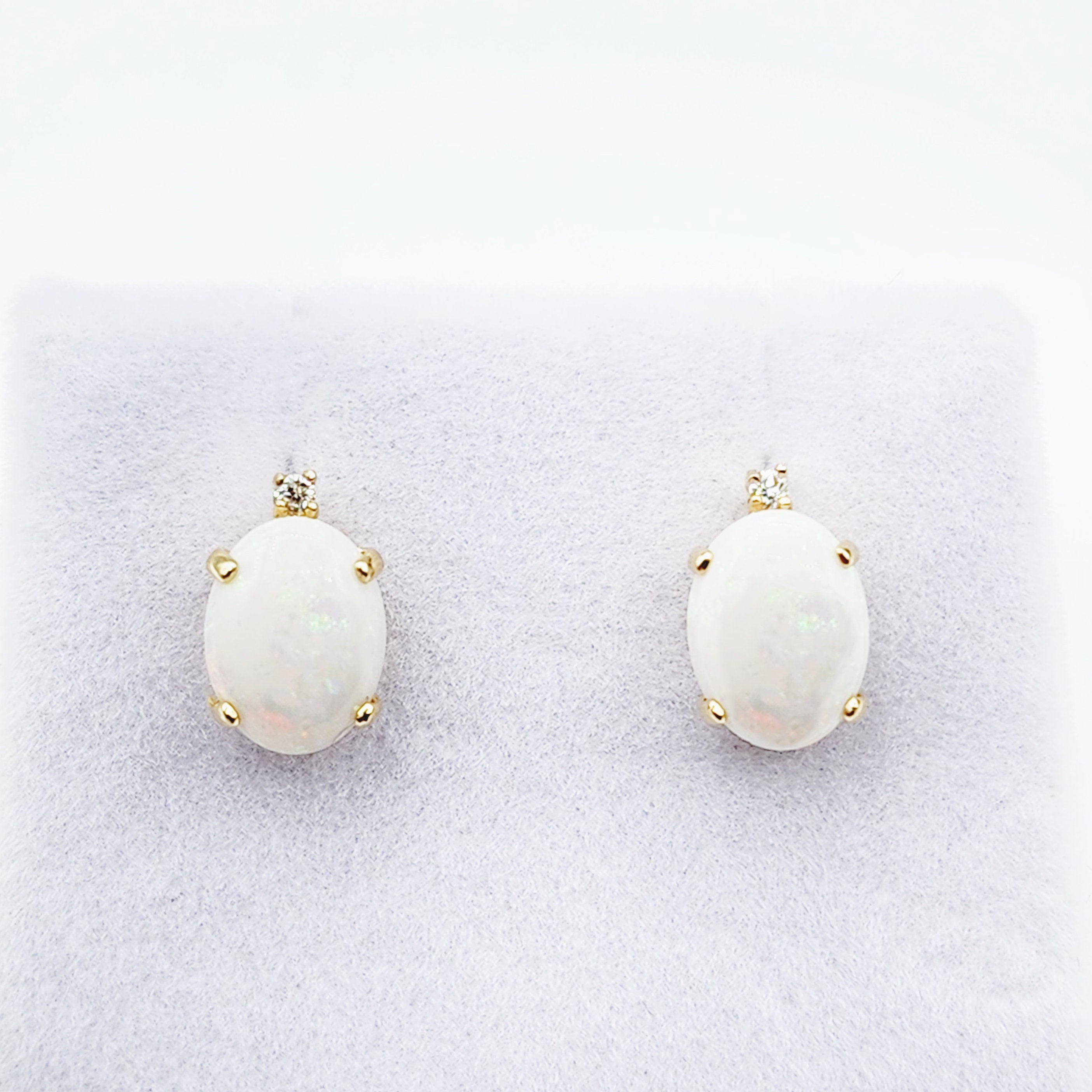 Gold Opal Stud Earrings, Yellow Gold Genuine Fire Opal 8x6mm with Diamonds Earrings, Gemstone Jewelry Earrings For Women, October Birthstone