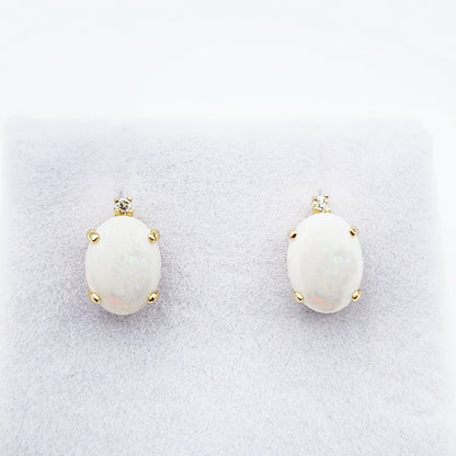 Gold Opal Stud Earrings, Yellow Gold Genuine Fire Opal 8x6mm with Diamonds Earrings, Gemstone Jewelry Earrings For Women, October Birthstone