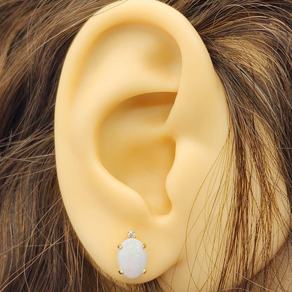 Gold Opal Stud Earrings, Yellow Gold Genuine Fire Opal 8x6mm with Diamonds Earrings, Gemstone Jewelry Earrings For Women, October Birthstone