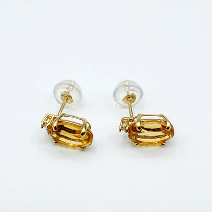 Gold Citrine Stud Earrings, Yellow Gold Genuine Citrine 8x6mm with Diamond Earrings, November Birthstone, Citrine Jewelry
