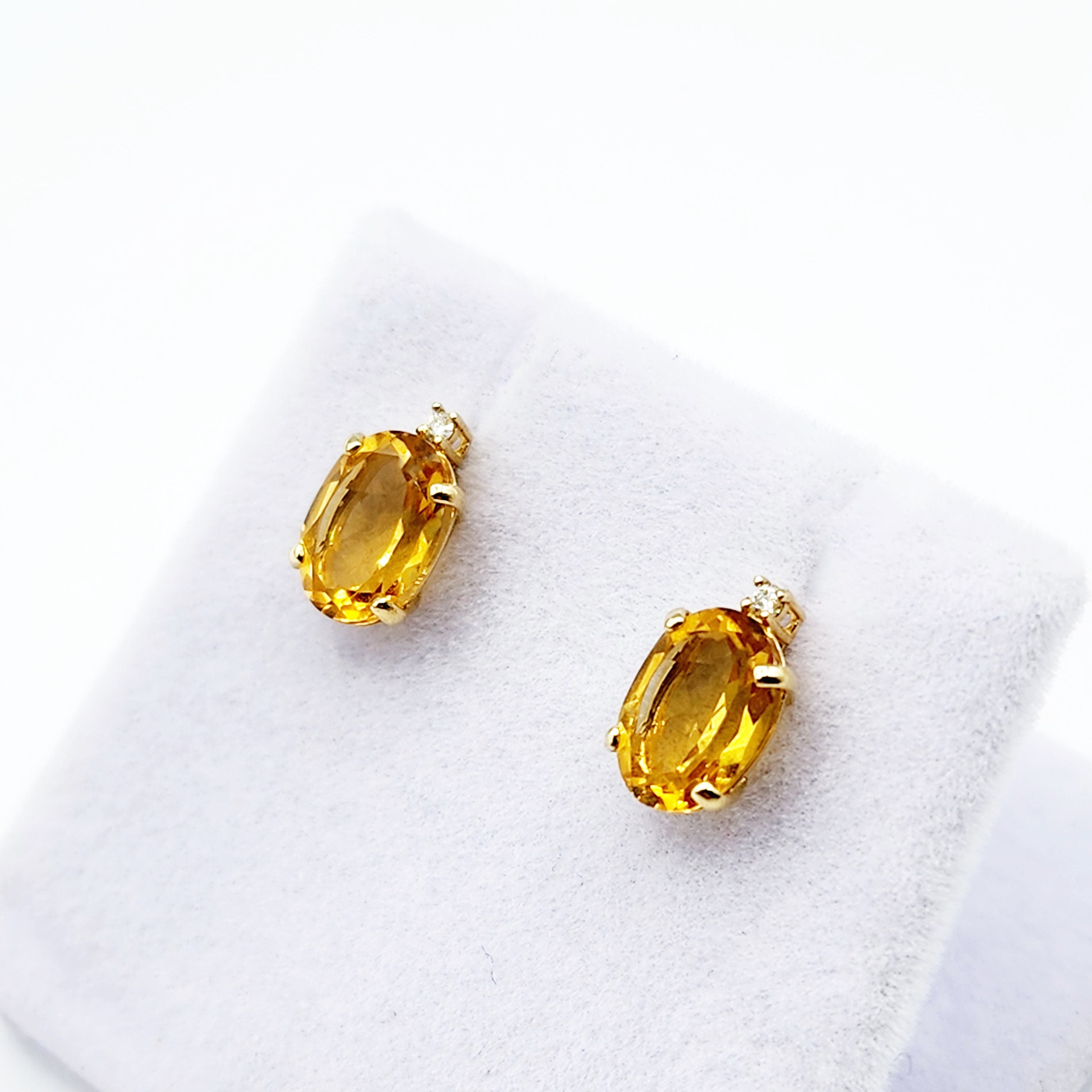 Gold Citrine Stud Earrings, Yellow Gold Genuine Citrine 8x6mm with Diamond Earrings, November Birthstone, Citrine Jewelry