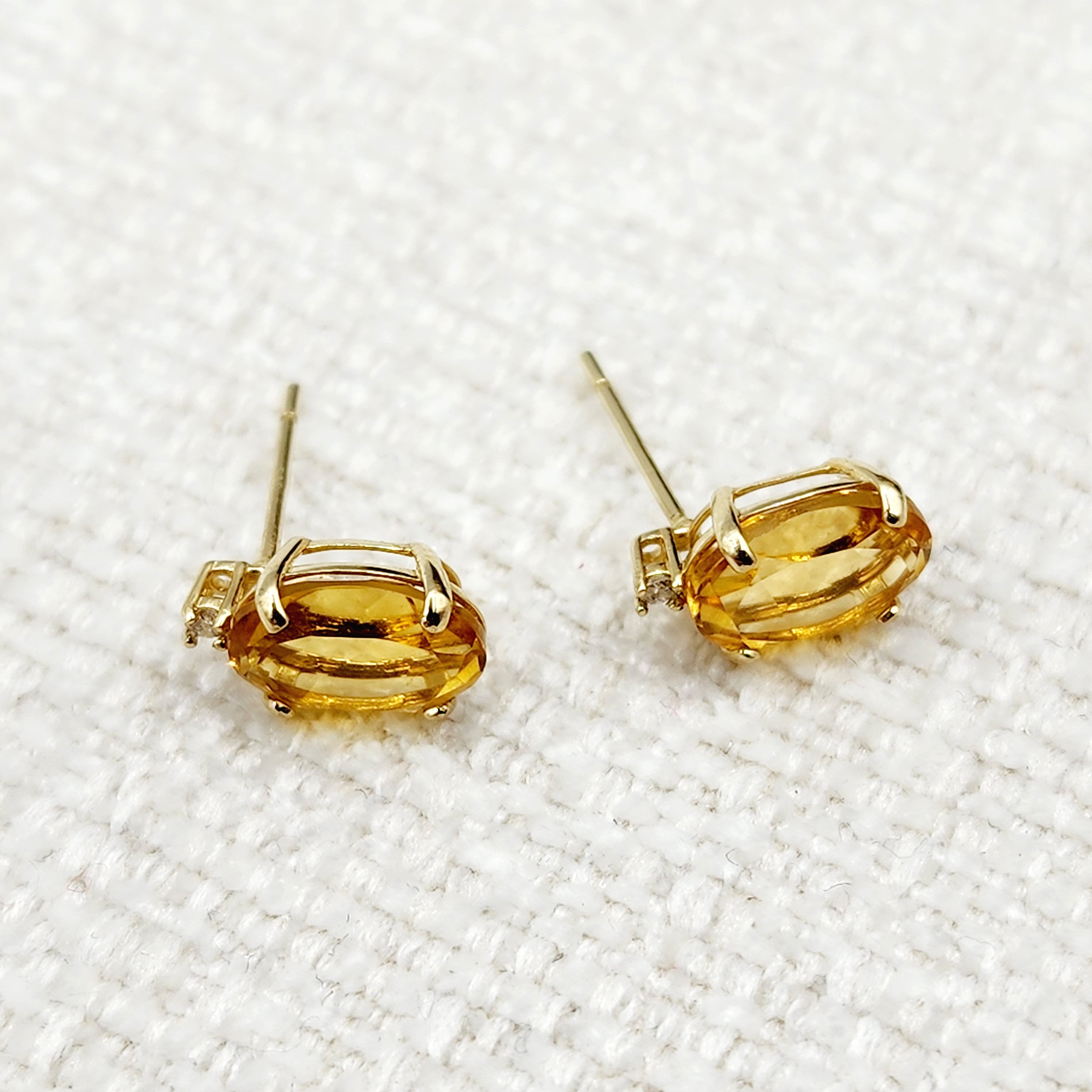Gold Citrine Stud Earrings, Yellow Gold Genuine Citrine 8x6mm with Diamond Earrings, November Birthstone, Citrine Jewelry