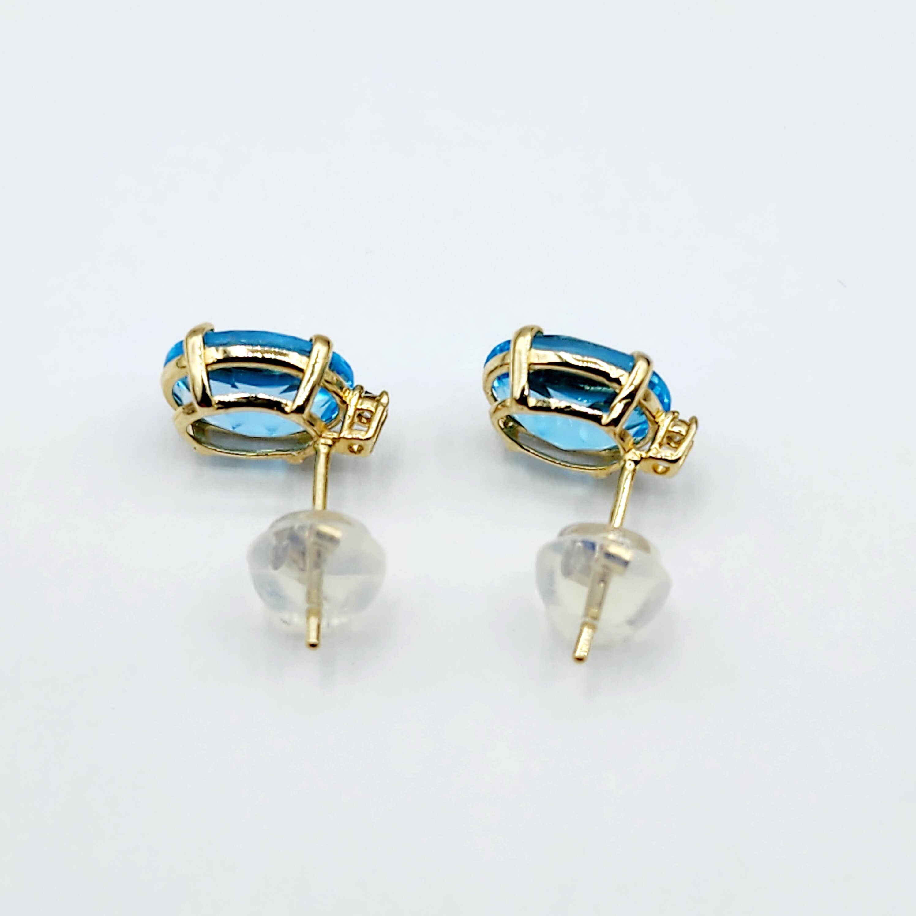 Gold Blue Topaz Stud Earrings, Yellow Gold Genuine Blue Topaz 8x6mm with Diamond Earrings, Blue Gemstone Jewelry, December Birthstone