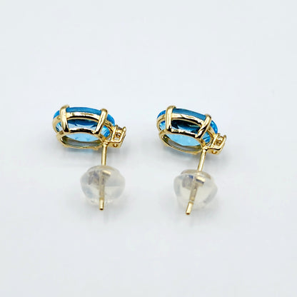 Gold Blue Topaz Stud Earrings, Yellow Gold Genuine Blue Topaz 8x6mm with Diamond Earrings, Blue Gemstone Jewelry, December Birthstone