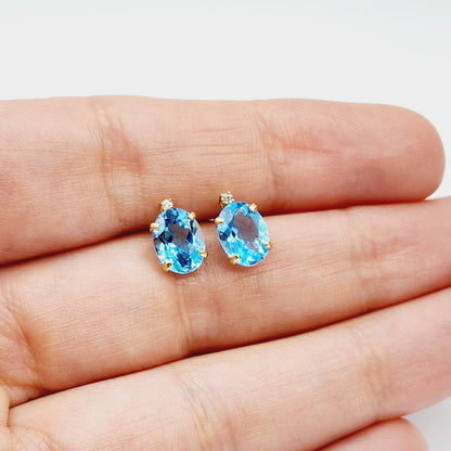 Gold Blue Topaz Stud Earrings, Yellow Gold Genuine Blue Topaz 8x6mm with Diamond Earrings, Blue Gemstone Jewelry, December Birthstone