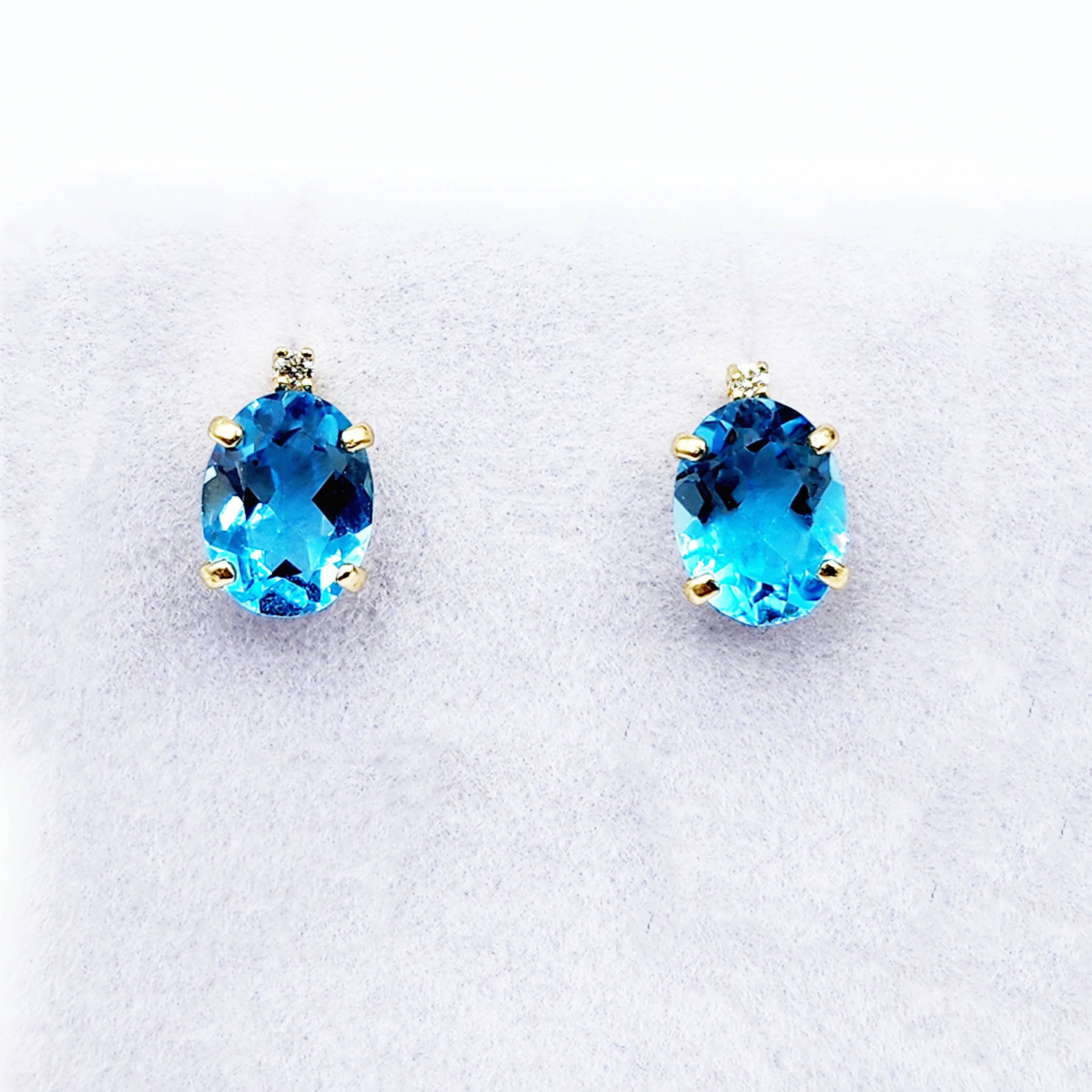 Gold Blue Topaz Stud Earrings, Yellow Gold Genuine Blue Topaz 8x6mm with Diamond Earrings, Blue Gemstone Jewelry, December Birthstone