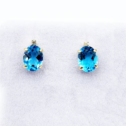 Gold Blue Topaz Stud Earrings, Yellow Gold Genuine Blue Topaz 8x6mm with Diamond Earrings, Blue Gemstone Jewelry, December Birthstone