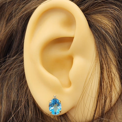 Gold Blue Topaz Stud Earrings, Yellow Gold Genuine Blue Topaz 8x6mm with Diamond Earrings, Blue Gemstone Jewelry, December Birthstone