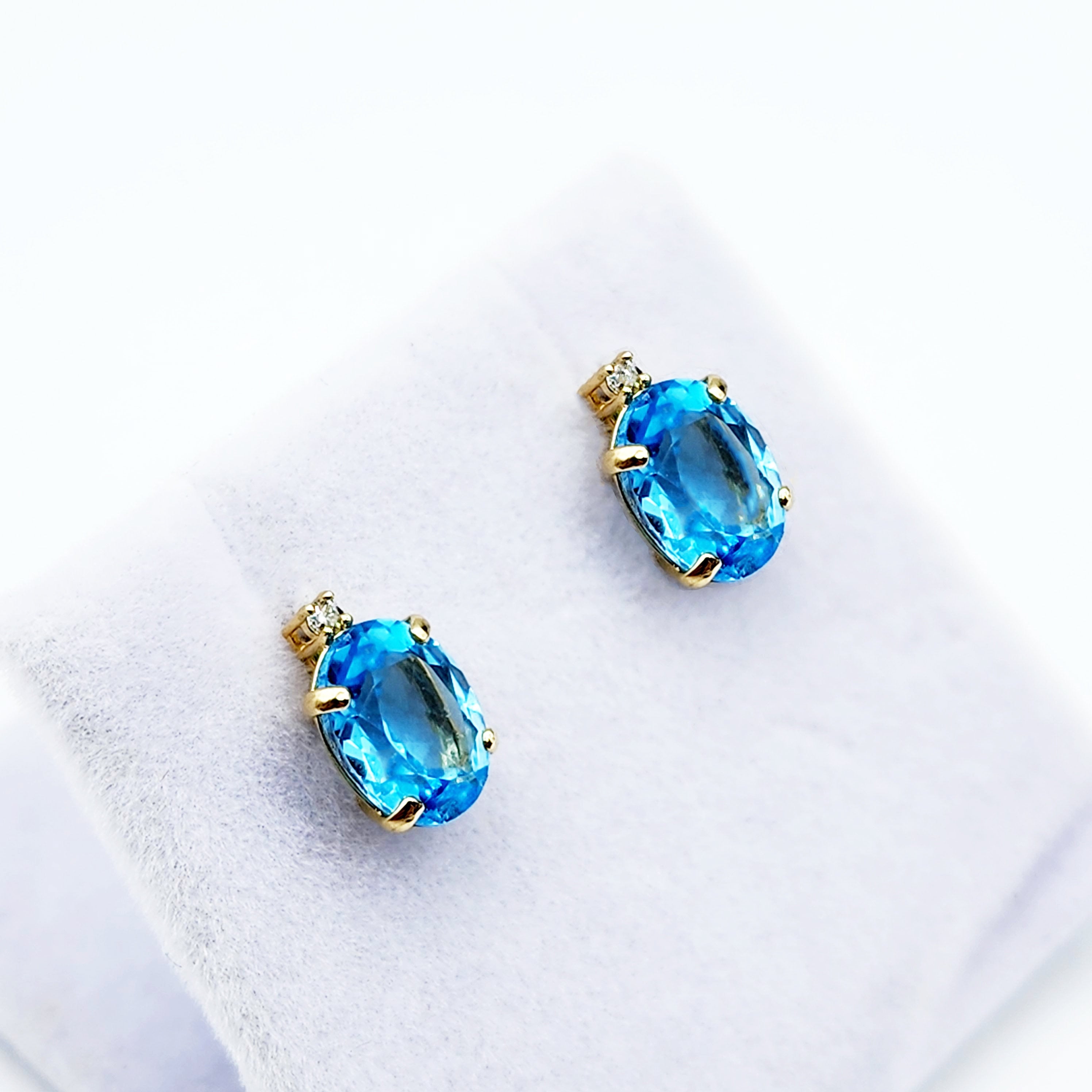 Gold Blue Topaz Stud Earrings, Yellow Gold Genuine Blue Topaz 8x6mm with Diamond Earrings, Blue Gemstone Jewelry, December Birthstone
