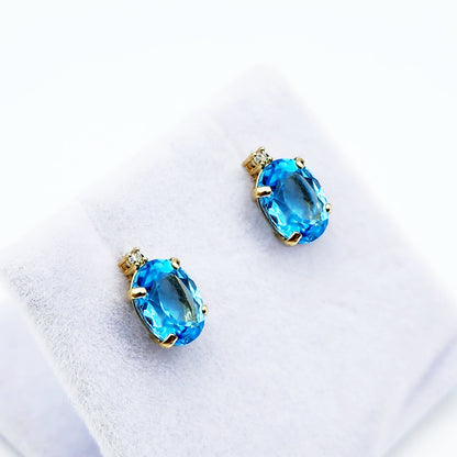 Gold Blue Topaz Stud Earrings, Yellow Gold Genuine Blue Topaz 8x6mm with Diamond Earrings, Blue Gemstone Jewelry, December Birthstone