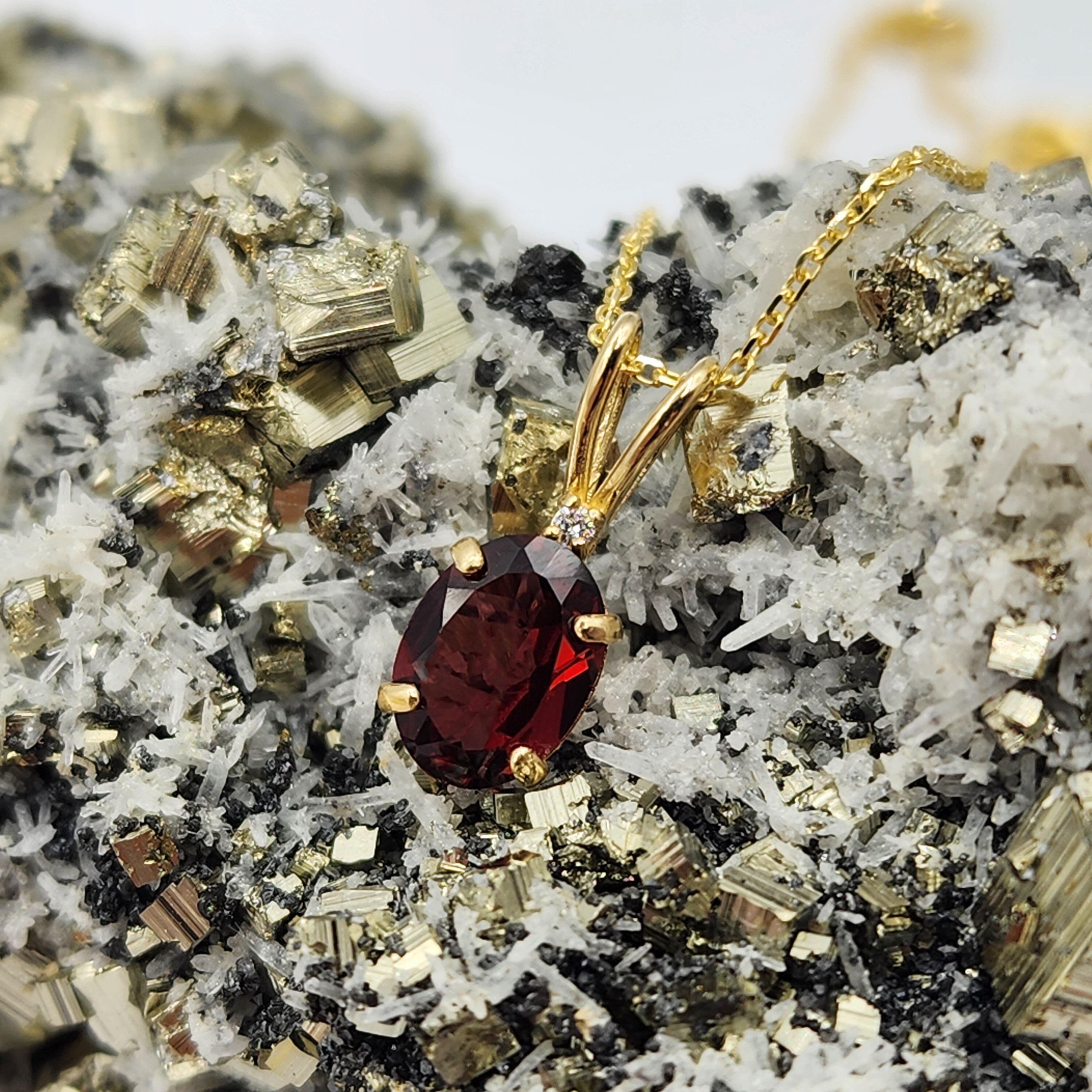 Gold Garnet Pendant Necklace, 10K Yellow Gold Garnet 8x6mm with Diamond Pendant, January Birthstone, Birthstone Necklace, Necklace For Her
