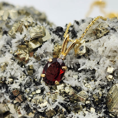 Gold Garnet Pendant Necklace, 10K Yellow Gold Garnet 8x6mm with Diamond Pendant, January Birthstone, Birthstone Necklace, Necklace For Her