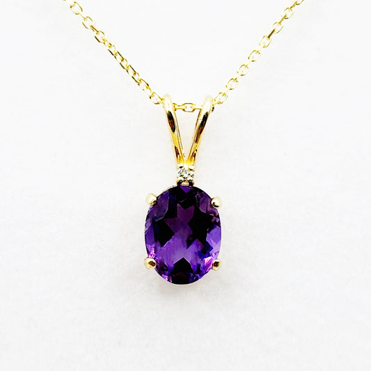 Gold Amethyst Pendant Necklace, 10K Yellow Gold Genuine Amethyst 8x6mm with Diamond , February Birthstone Jewelry for Her, Purple Gemstone
