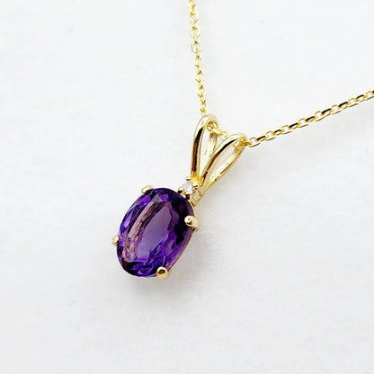 Gold Amethyst Pendant Necklace, 10K Yellow Gold Genuine Amethyst 8x6mm with Diamond , February Birthstone Jewelry for Her, Purple Gemstone
