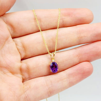 Gold Amethyst Pendant Necklace, 10K Yellow Gold Genuine Amethyst 8x6mm with Diamond , February Birthstone Jewelry for Her, Purple Gemstone