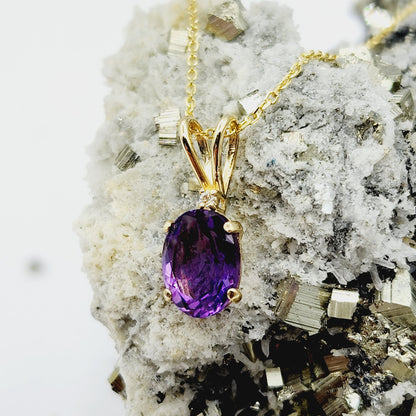 Gold Amethyst Pendant Necklace, 10K Yellow Gold Genuine Amethyst 8x6mm with Diamond , February Birthstone Jewelry for Her, Purple Gemstone
