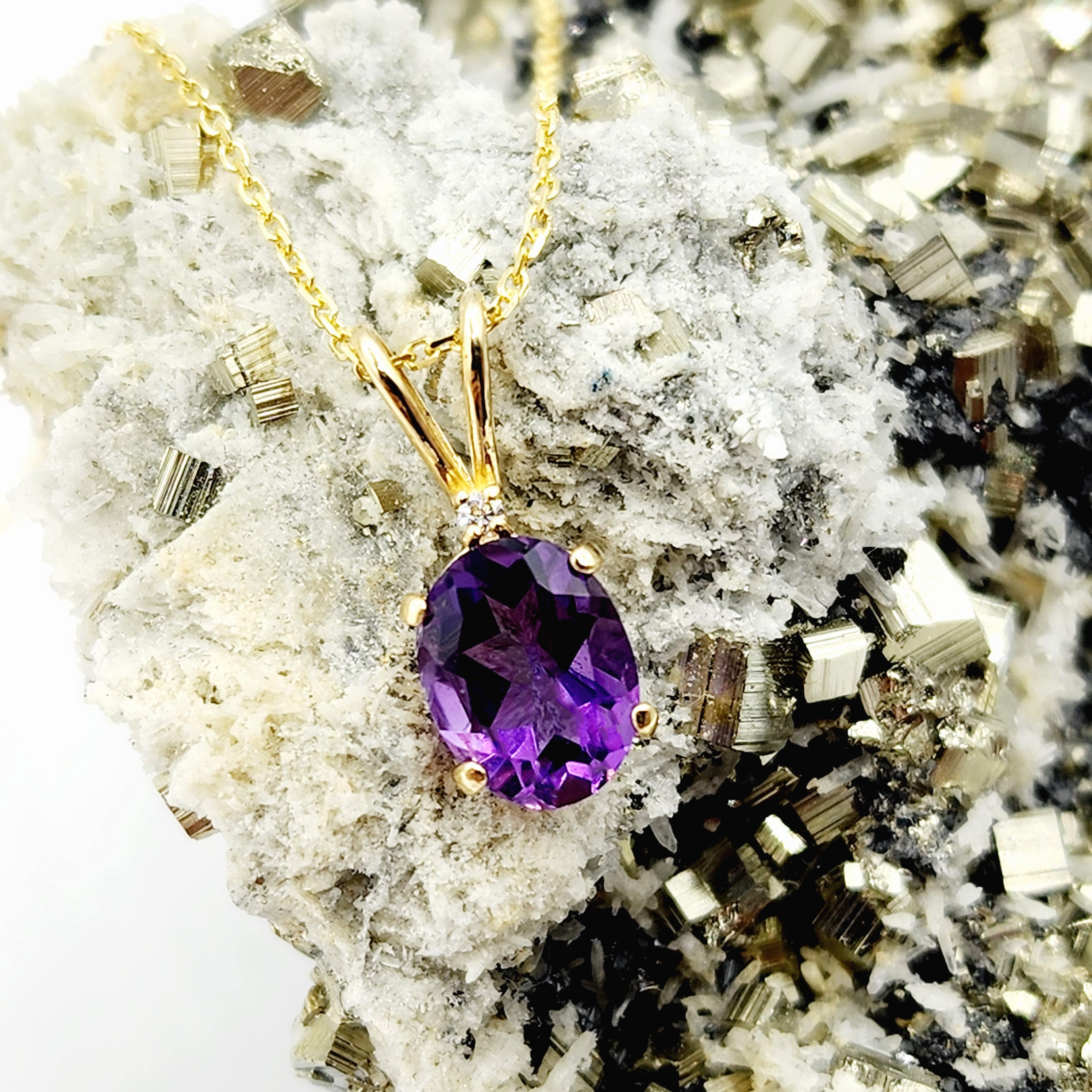 Gold Amethyst Pendant Necklace, 10K Yellow Gold Genuine Amethyst 8x6mm with Diamond , February Birthstone Jewelry for Her, Purple Gemstone