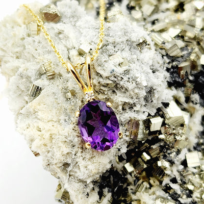 Gold Amethyst Pendant Necklace, 10K Yellow Gold Genuine Amethyst 8x6mm with Diamond , February Birthstone Jewelry for Her, Purple Gemstone