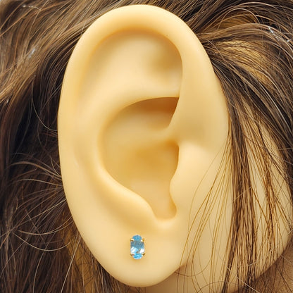 Gold Blue Topaz Stud Earrings, 10K Yellow Gold Genuine Blue Topaz 5x3mm Stud Earrings, December Birthstone, Blue Gemstone Jewelry For Her