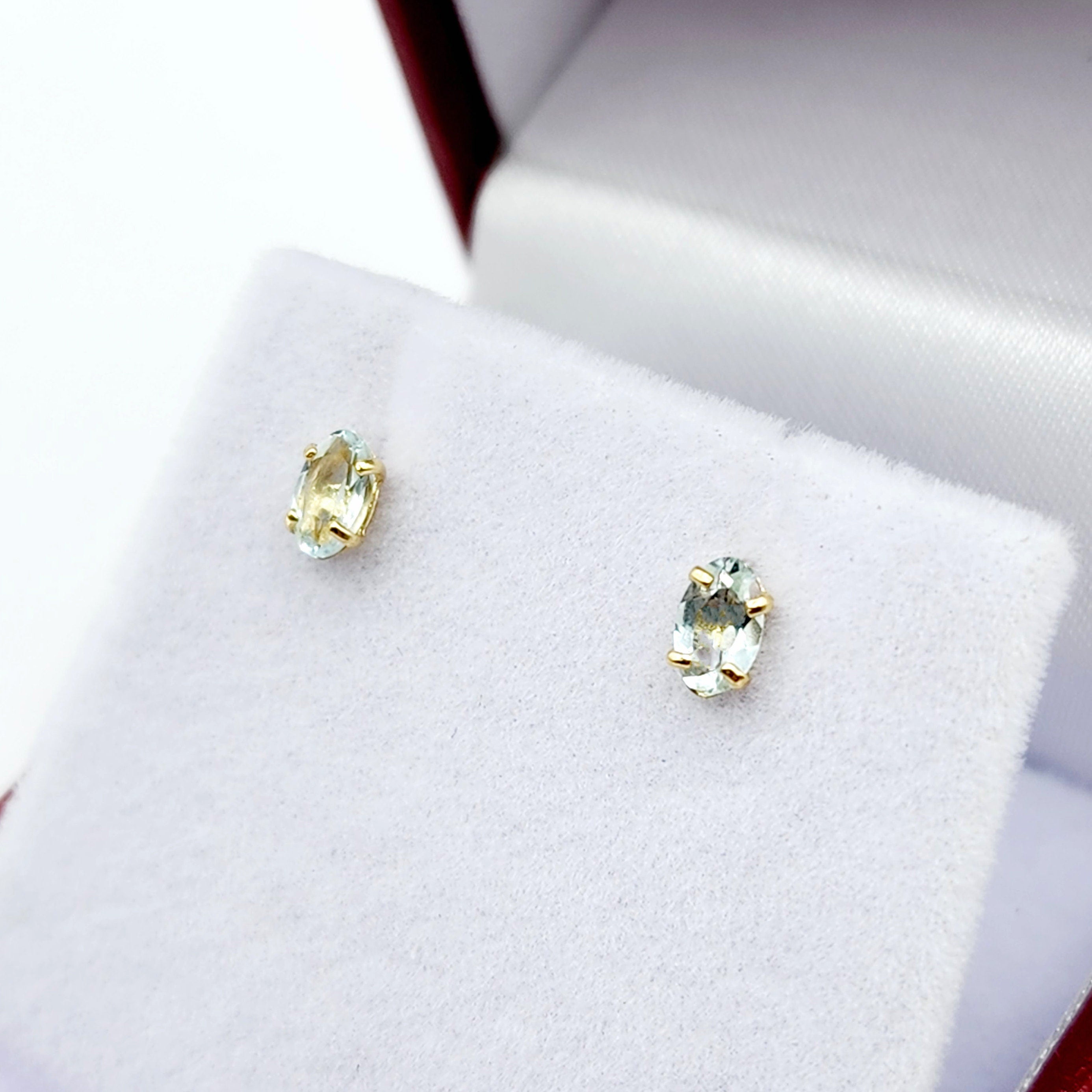Gold Aquamarine Stud Earrings, 10K Yellow Gold Genuine Aquamarine 5x3mm Stud Earrings, March Birthstone, Light Blue Gemstone Jewelry For Her