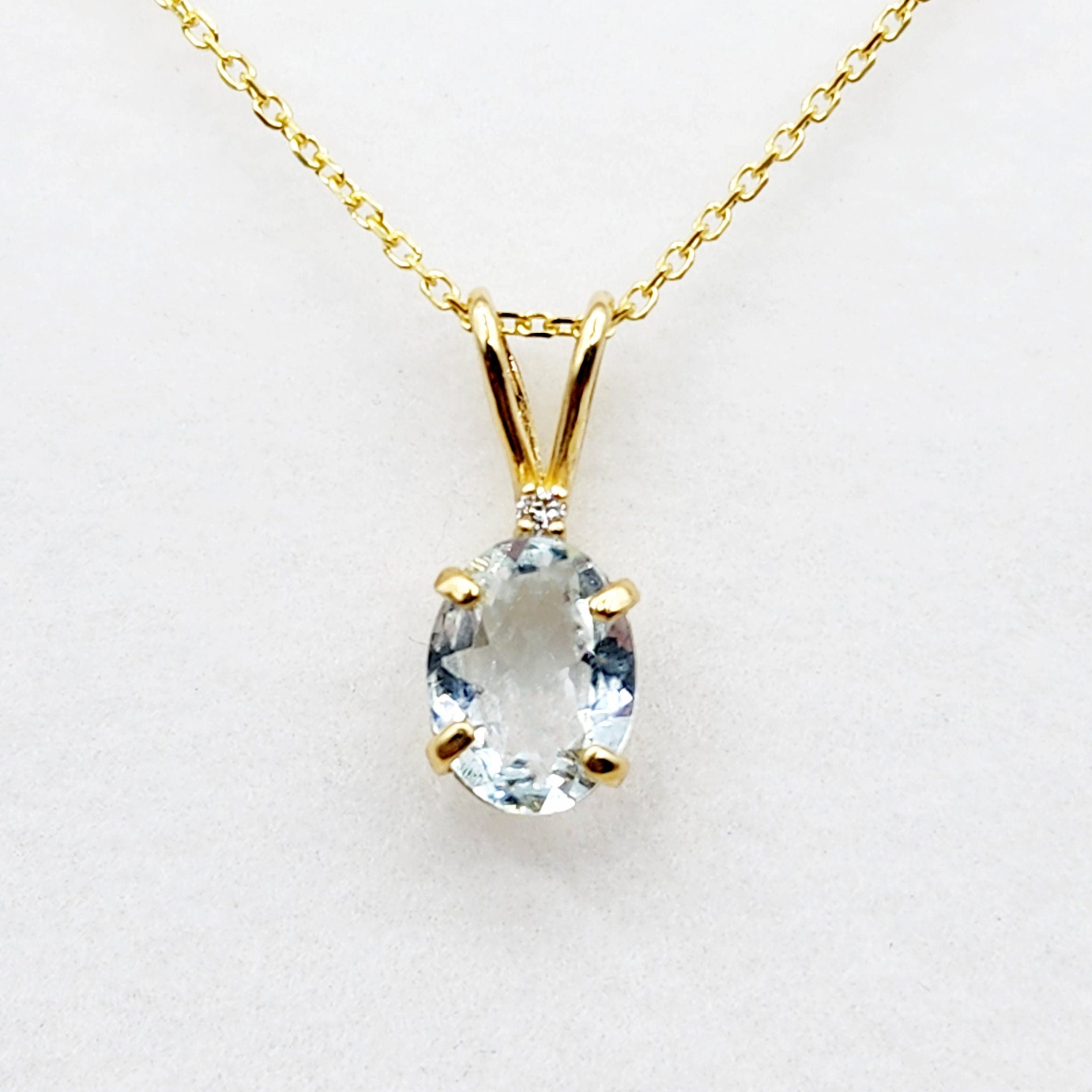 Gold Aquamarine Pendant Necklace, 10K Yellow Gold Aquamarine 8x6mm With Diamond Pendant, March Birthstone Necklace Jewelry Gift For Her
