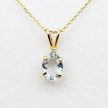 Gold Aquamarine Pendant Necklace, 10K Yellow Gold Aquamarine 8x6mm With Diamond Pendant, March Birthstone Necklace Jewelry Gift For Her