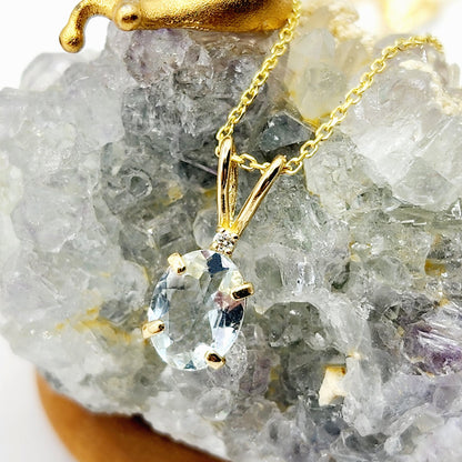 Gold Aquamarine Pendant Necklace, 10K Yellow Gold Aquamarine 8x6mm With Diamond Pendant, March Birthstone Necklace Jewelry Gift For Her