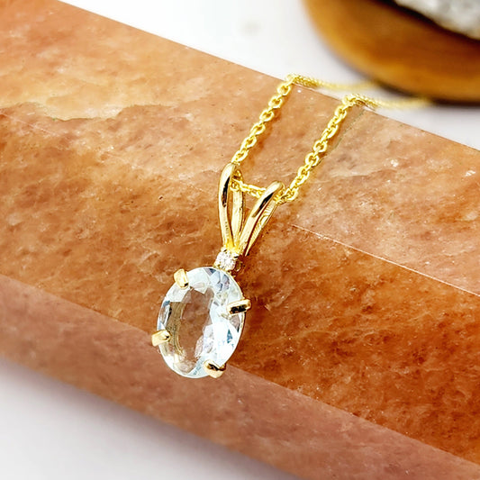 Gold Aquamarine Pendant Necklace, 10K Yellow Gold Aquamarine 8x6mm With Diamond Pendant, March Birthstone Necklace Jewelry Gift For Her