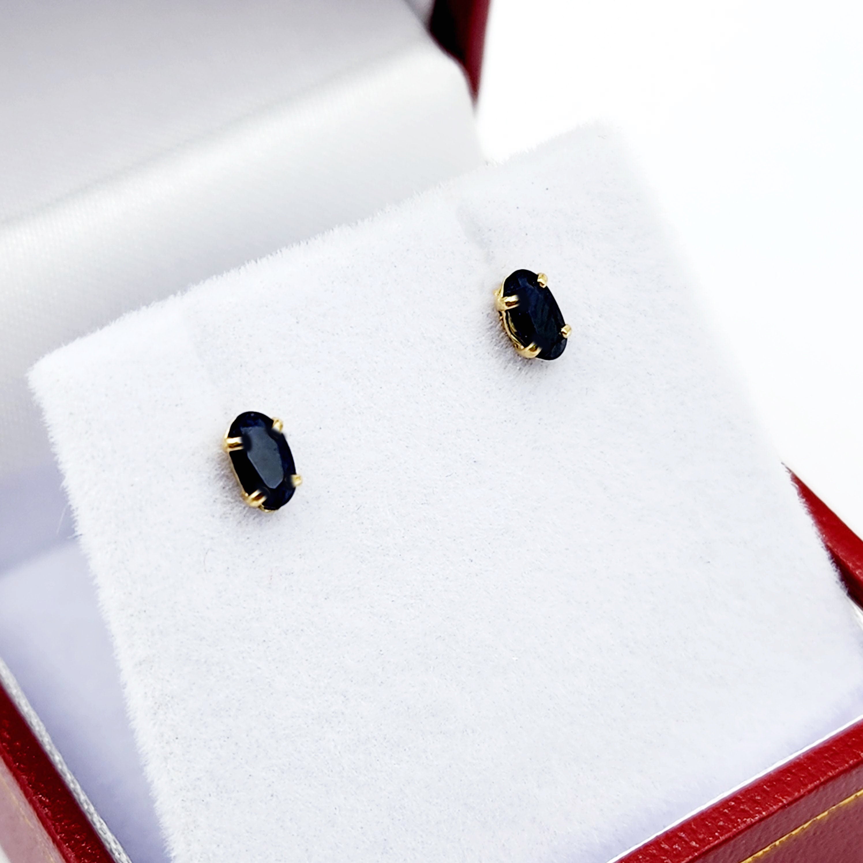 Gold Blue Sapphire Stud Earrings, 10K Yellow Gold Genuine Sapphire 5x3mm Stud Earrings, September Birthstone, Blue Gemstone Jewelry For Her