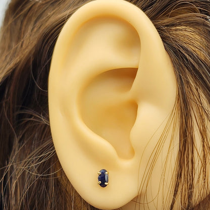 Gold Blue Sapphire Stud Earrings, 10K Yellow Gold Genuine Sapphire 5x3mm Stud Earrings, September Birthstone, Blue Gemstone Jewelry For Her
