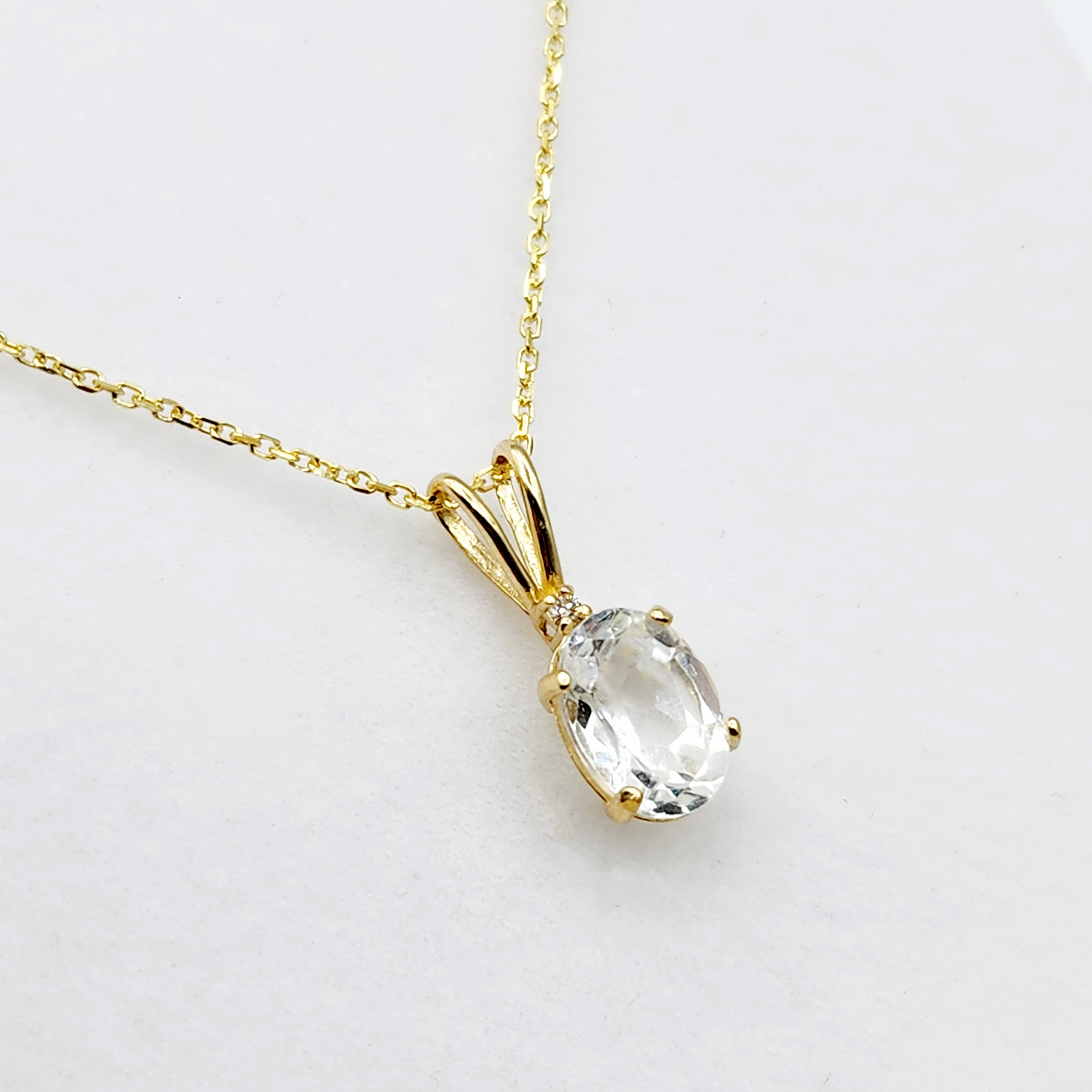 Gold White Topaz Pendant Necklace, 10K Yellow Gold White Topaz 8x6mm with Diamond  Necklace For Her, Gift For Women, White Gemstone Necklace