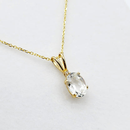 Gold White Topaz Pendant Necklace, 10K Yellow Gold White Topaz 8x6mm with Diamond  Necklace For Her, Gift For Women, White Gemstone Necklace