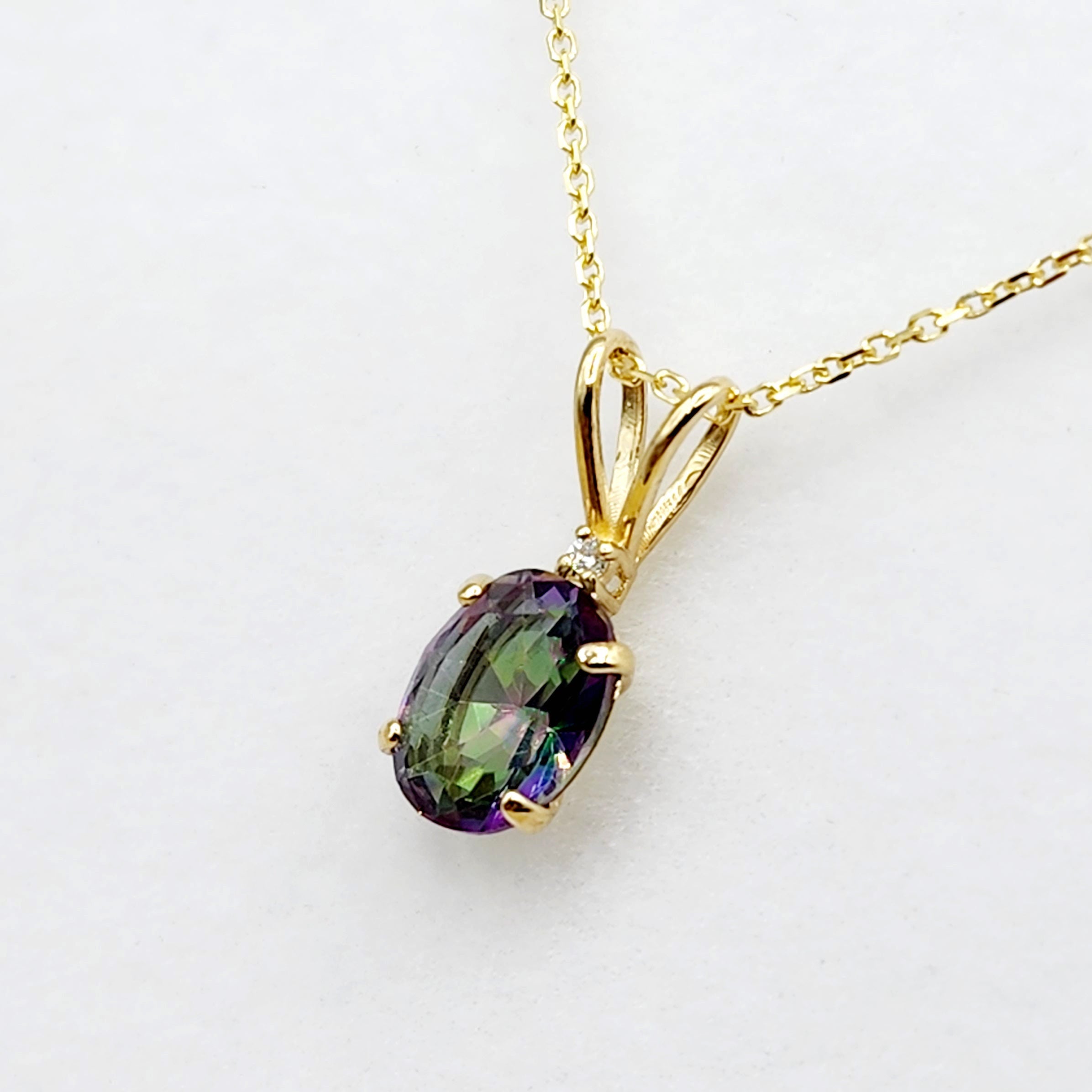 Gold Mystic Topaz Pendant Necklace, 10K Yellow Gold Mystic Topaz 8x6mm with Diamond Pendant, Gemstone Necklace For Women, Pendant For Her