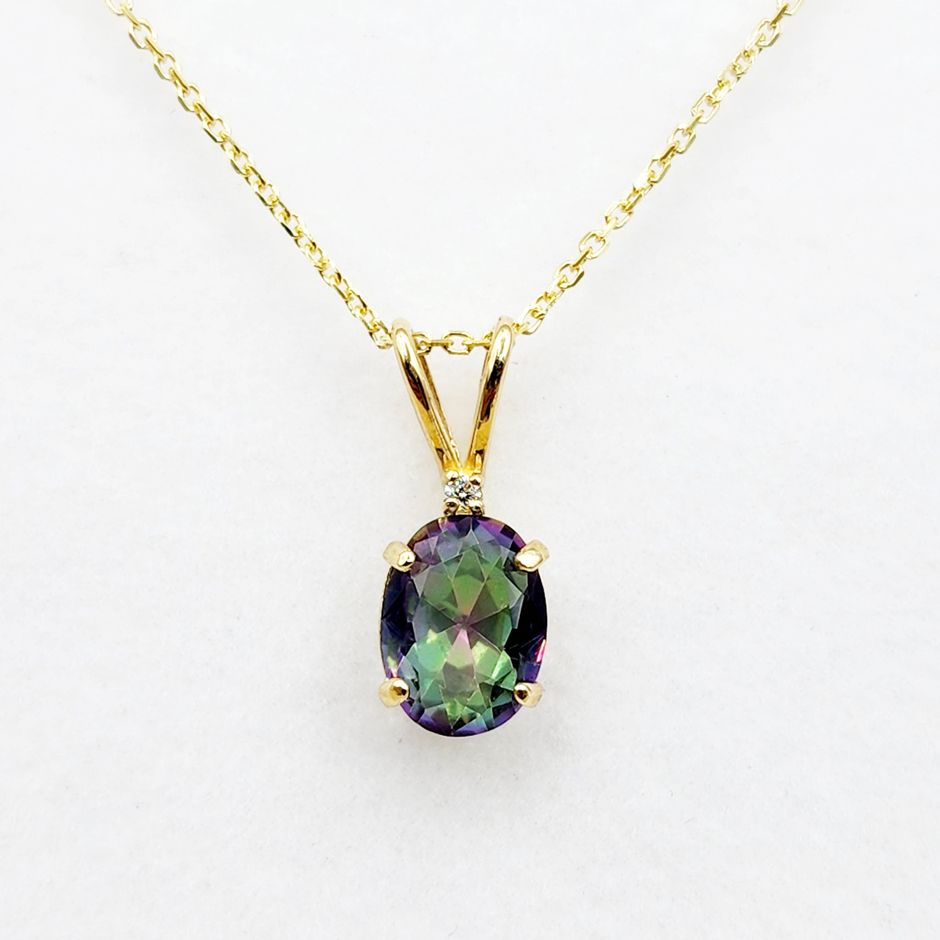 Gold Mystic Topaz Pendant Necklace, 10K Yellow Gold Mystic Topaz 8x6mm with Diamond Pendant, Gemstone Necklace For Women, Pendant For Her