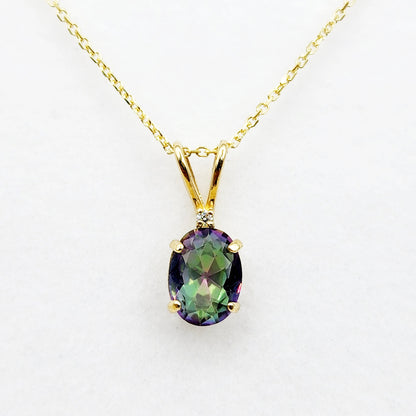 Gold Mystic Topaz Pendant Necklace, 10K Yellow Gold Mystic Topaz 8x6mm with Diamond Pendant, Gemstone Necklace For Women, Pendant For Her