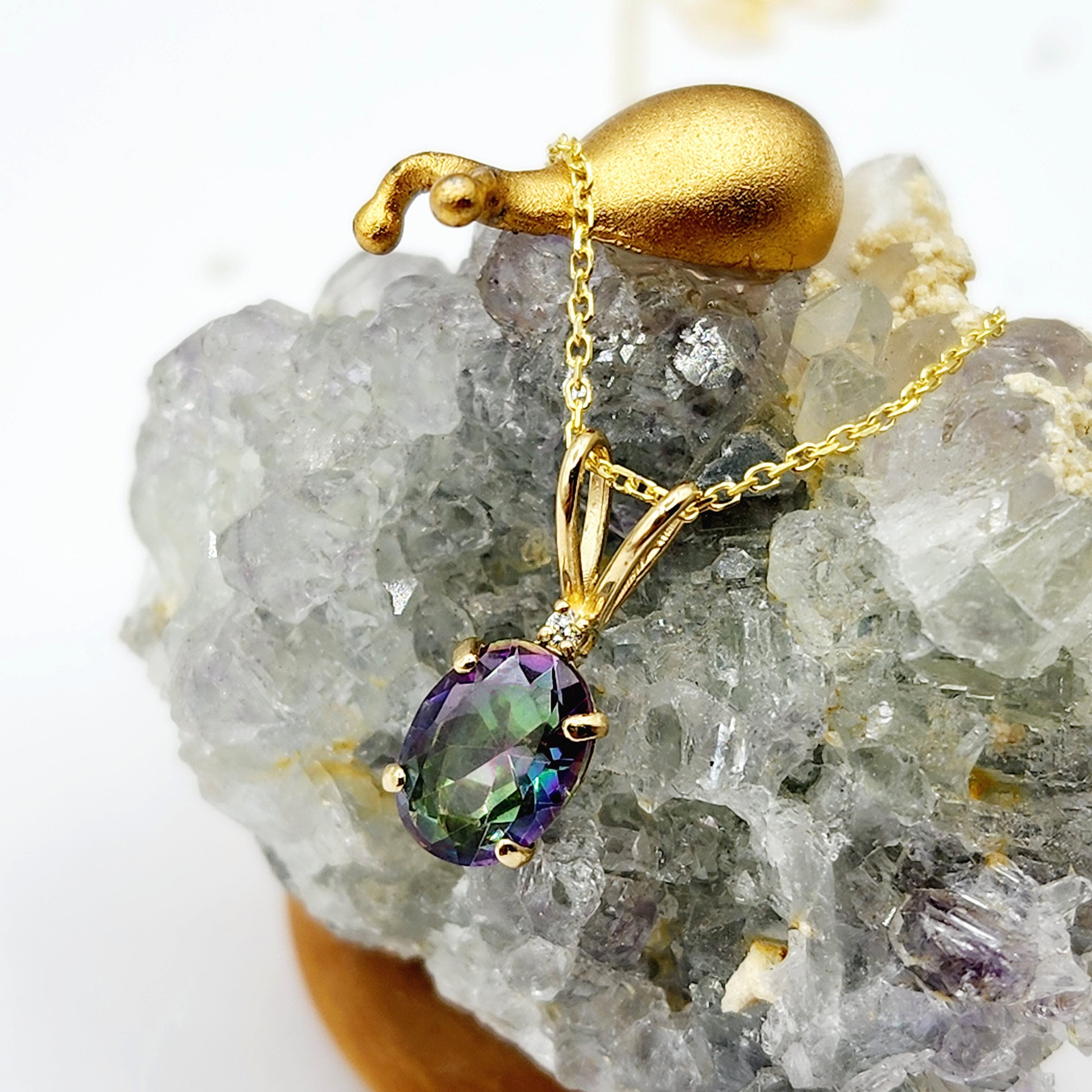 Gold Mystic Topaz Pendant Necklace, 10K Yellow Gold Mystic Topaz 8x6mm with Diamond Pendant, Gemstone Necklace For Women, Pendant For Her