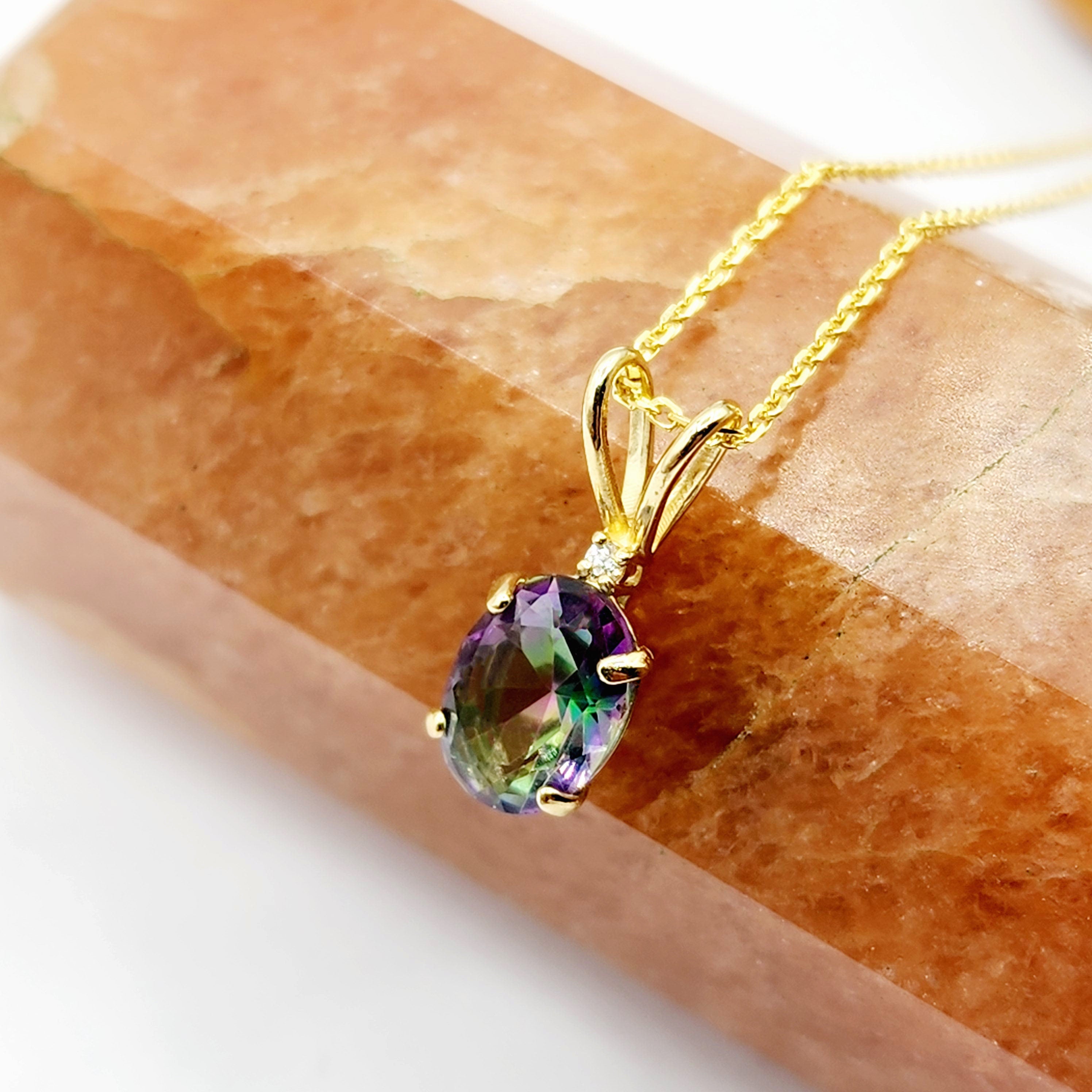 Gold Mystic Topaz Pendant Necklace, 10K Yellow Gold Mystic Topaz 8x6mm with Diamond Pendant, Gemstone Necklace For Women, Pendant For Her