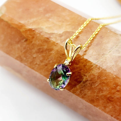 Gold Mystic Topaz Pendant Necklace, 10K Yellow Gold Mystic Topaz 8x6mm with Diamond Pendant, Gemstone Necklace For Women, Pendant For Her