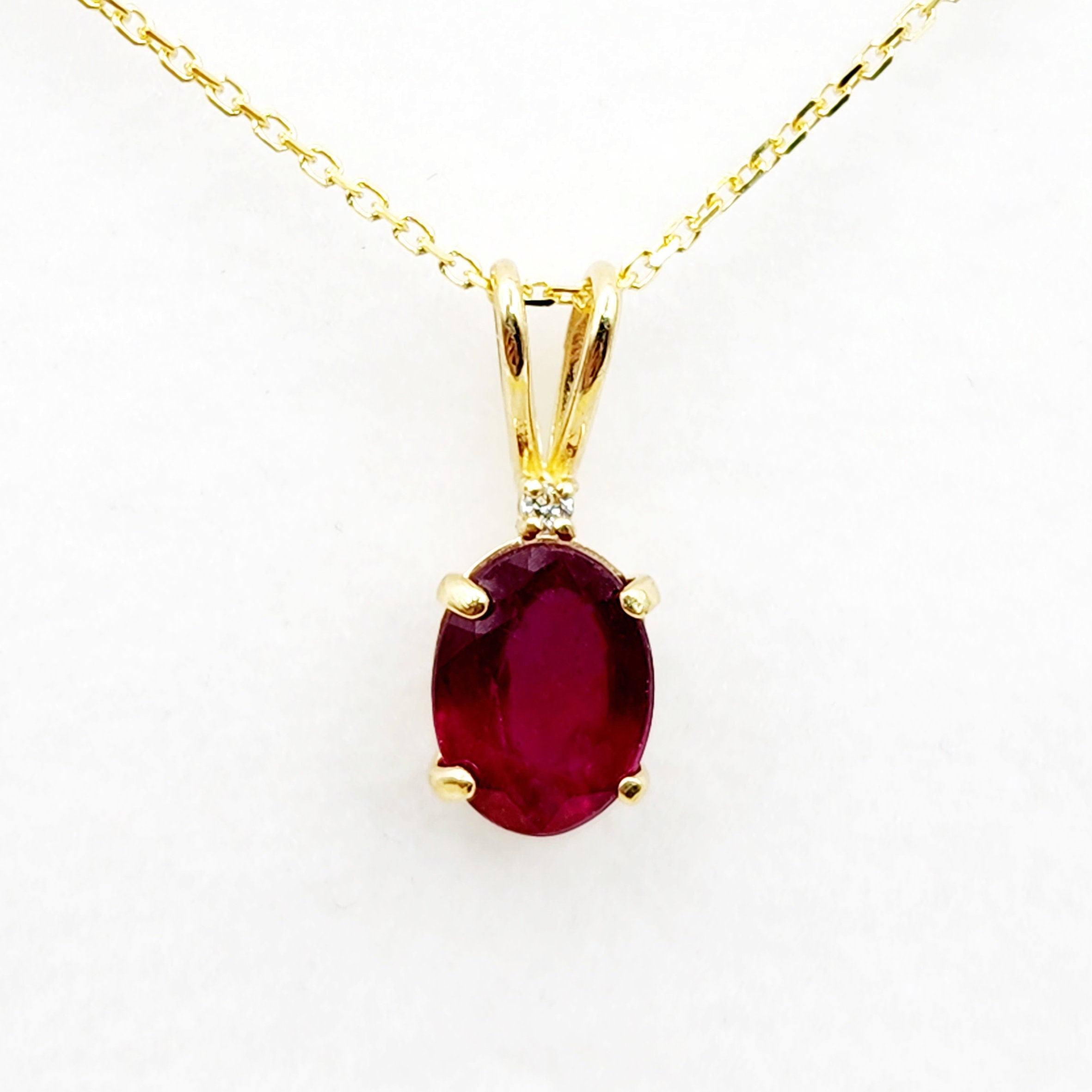 Gold Ruby Pendant Necklace, 10K Yellow Gold Ruby 8x6mm With diamond Pendant, Birthstone Necklace For Women, July Birthstone