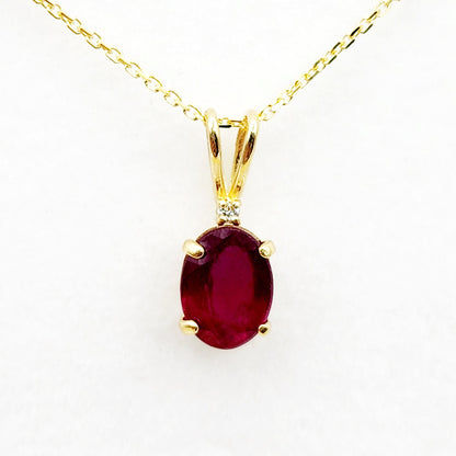 Gold Ruby Pendant Necklace, 10K Yellow Gold Ruby 8x6mm With diamond Pendant, Birthstone Necklace For Women, July Birthstone