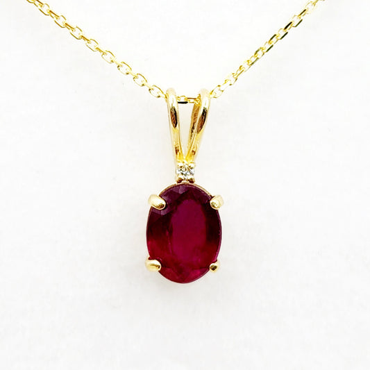 Gold Ruby Pendant Necklace, 10K Yellow Gold Ruby 8x6mm With diamond Pendant, Birthstone Necklace For Women, July Birthstone