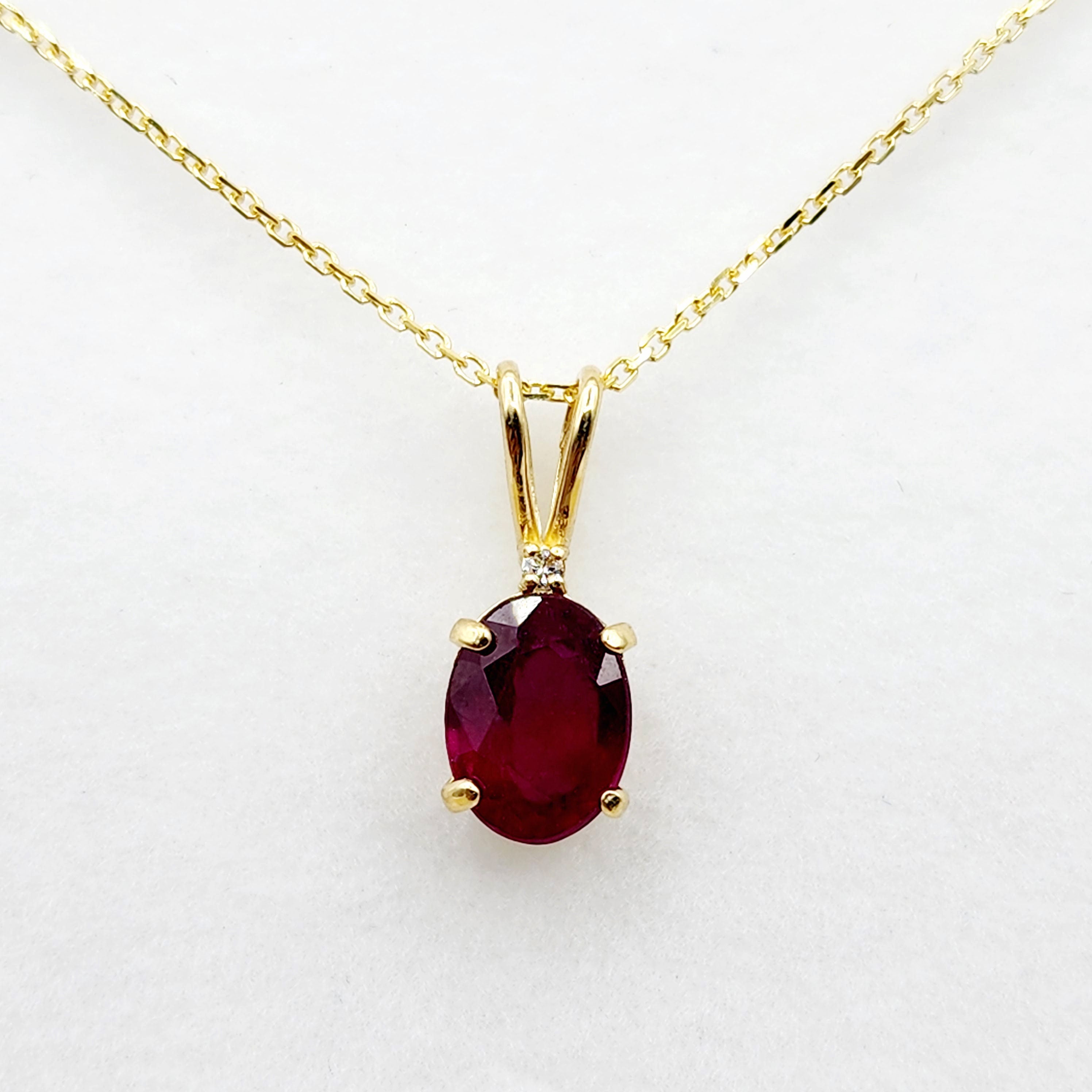 Gold Ruby Pendant Necklace, 10K Yellow Gold Ruby 8x6mm With diamond Pendant, Birthstone Necklace For Women, July Birthstone