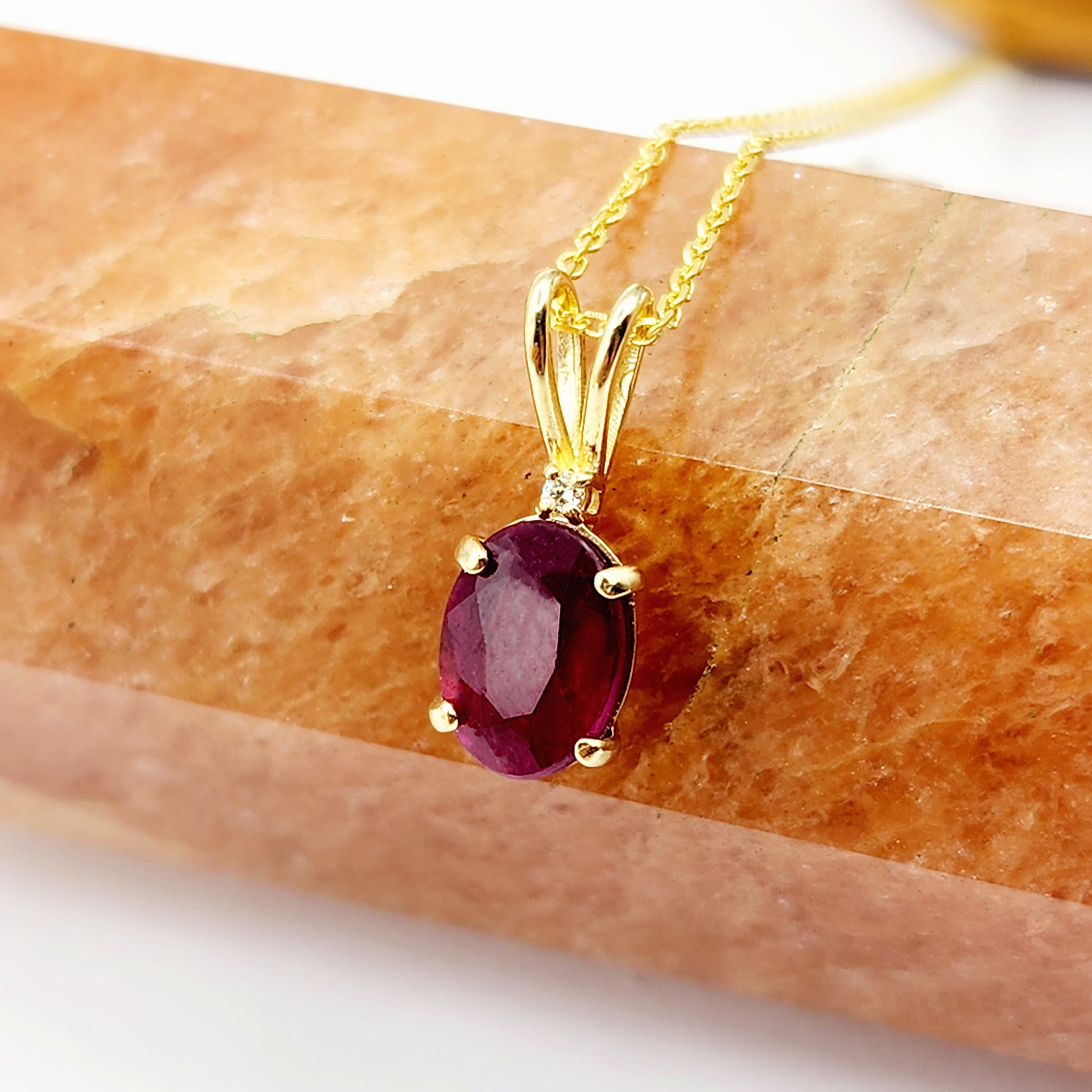 Gold Ruby Pendant Necklace, 10K Yellow Gold Ruby 8x6mm With diamond Pendant, Birthstone Necklace For Women, July Birthstone