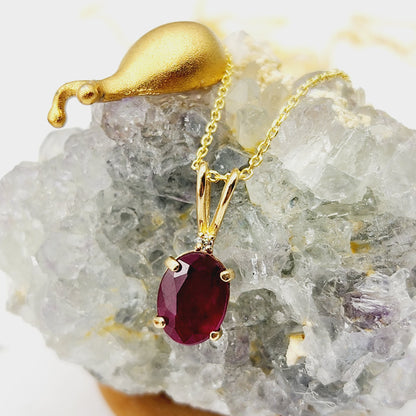 Gold Ruby Pendant Necklace, 10K Yellow Gold Ruby 8x6mm With diamond Pendant, Birthstone Necklace For Women, July Birthstone