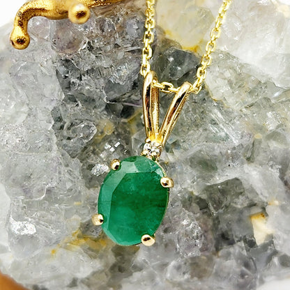Gold Emerald Pendant Necklace, 10K Yellow Gold Natural Emerald 8x6mm With Diamond Pendant, May Birthstone Necklace For Women