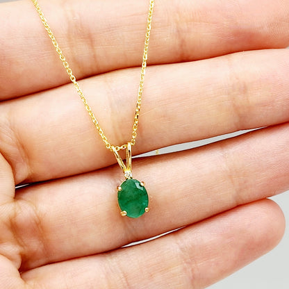 Gold Emerald Pendant Necklace, 10K Yellow Gold Natural Emerald 8x6mm With Diamond Pendant, May Birthstone Necklace For Women