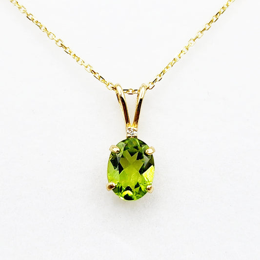 Gold Peridot Pendant Necklace, 10K Yellow Gold Peridot 8x6mm with Diamond Pendant, Birthstone Necklace For Women, Gift For Her