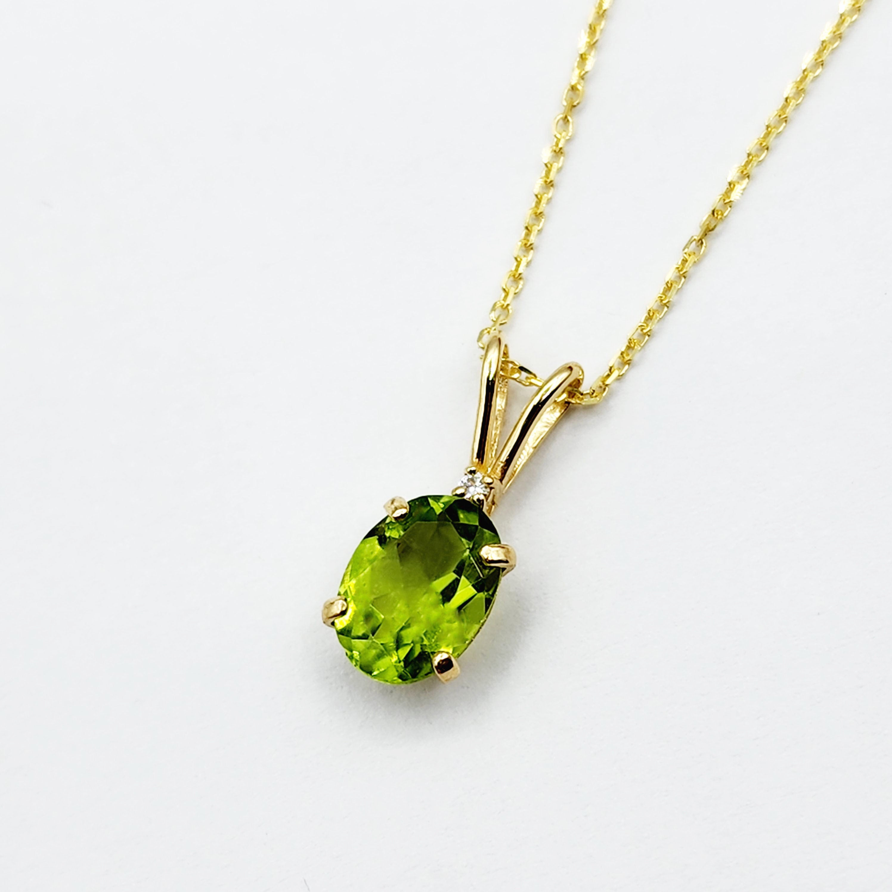 Gold Peridot Pendant Necklace, 10K Yellow Gold Peridot 8x6mm with Diamond Pendant, Birthstone Necklace For Women, Gift For Her