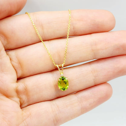 Gold Peridot Pendant Necklace, 10K Yellow Gold Peridot 8x6mm with Diamond Pendant, Birthstone Necklace For Women, Gift For Her